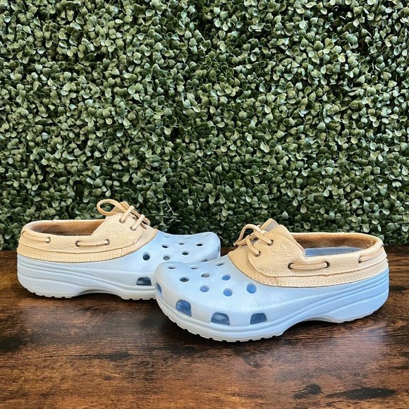 CROCS Shoes - Crocs Islander Women Size 8 Pit Crew Leather Croslite Boat Clog Shoes Teal